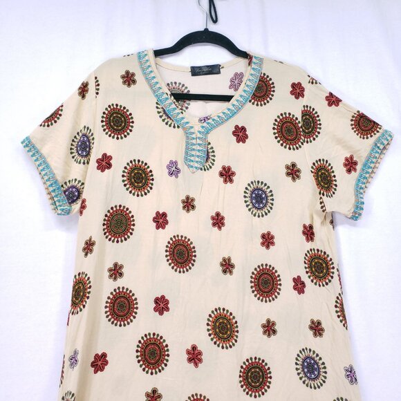 Fanda Beige Colorful Floral Print Relaxed Boho  Moo Moo Dress XL - Picture 2 of 14